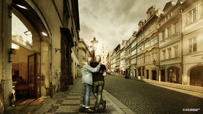 Portrait of a couple hugging on the street of an old town SKU: po-0003b