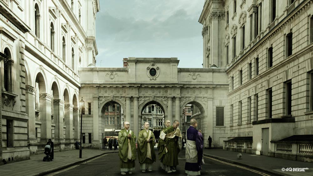 Portrait of a group of monks praying on a London street SKU: po-0005b